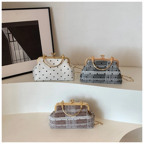 Borsa a Mano Vintage Kiss Lock Donna con Tracolla a Rete a Pois e Quadri con Manico in Metallo e Catena Dorata Borsa da Sera