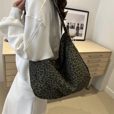 Borsa A Spalla In Tela Con Stampa Leopardata Grande Capacità Hobo Tote Per Donna Moda Casual Retrò Chiusura Lampo