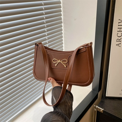 Stylish Women Underarm Bag PU Leather Gold Bow Accent Retro Small Square Shoulder Bag For Lady