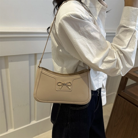 Stylish Women Underarm Bag PU Leather Gold Bow Accent Retro Small Square Shoulder Bag For Lady