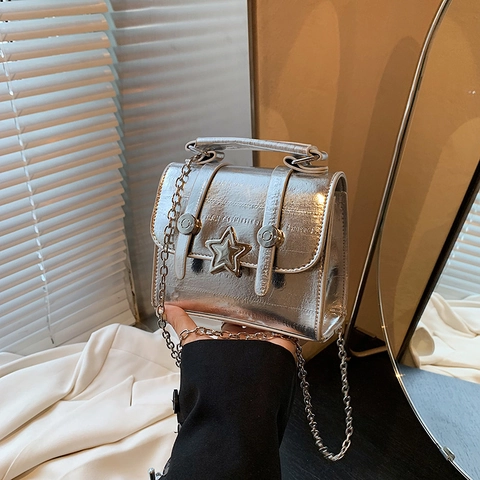Mini Bolso Bandolera De Cuero PU Metálico Para Mujer Hebilla De Estrella Acabado Espejo Bolso De Mano Cuadrado Chic Y2K
