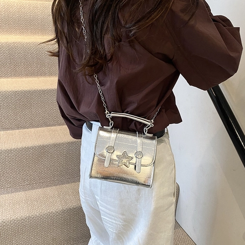 Mini Bolso Bandolera De Cuero PU Metálico Para Mujer Hebilla De Estrella Acabado Espejo Bolso De Mano Cuadrado Chic Y2K