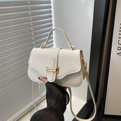 French Vintage Lychee Pattern PU Leather Shoulder Bag For Women Fashion Metal Buckle Handbag Casual Crossbody Square Bag Commuting