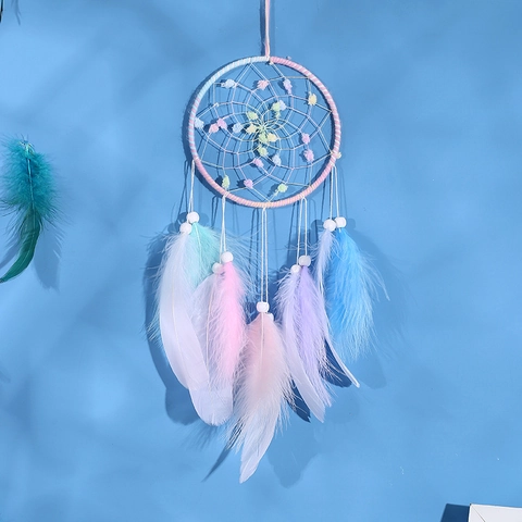 Handmade Dreamcatcher Hanging Decoration Macaron Rainbow Feather Wood Beads Boho Wall Art Ornament For Home Bedroom Gift