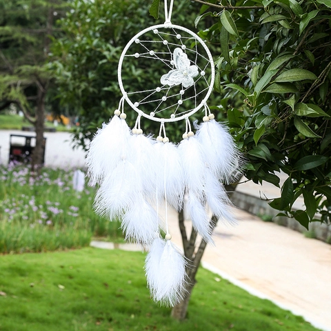 Atrapasueños Blanco Hecho a Mano Con Mariposa de Encaje Y Plumas Decoración Colgante Para Dormitorio Hogar Boda Pared