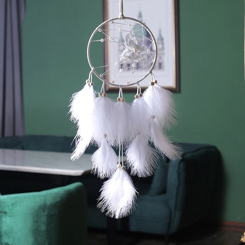 Atrapasueños Blanco Hecho a Mano Con Mariposa de Encaje Y Plumas Decoración Colgante Para Dormitorio Hogar Boda Pared