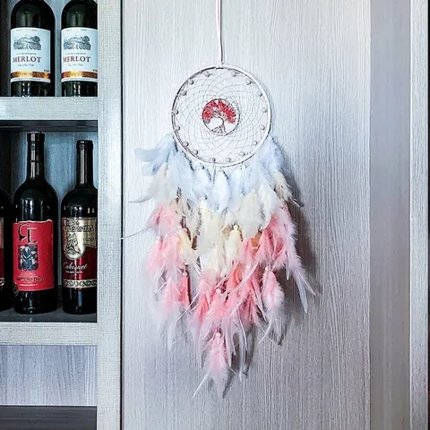 Handmade Tree Of Life Dreamcatcher With Feathers Beads Pink White Gradient Wall Hanging Decor For Home Bedroom Girls Gift
