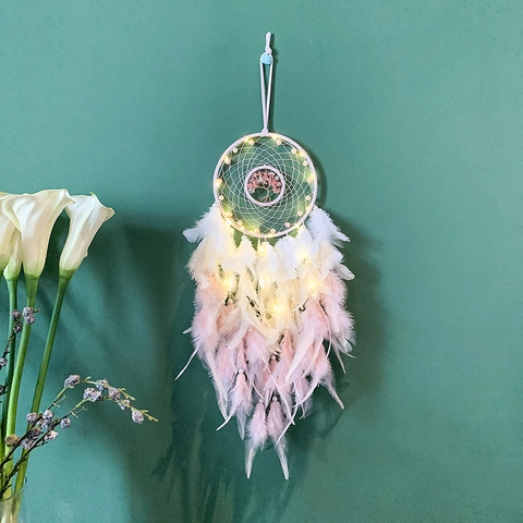 Handmade Tree Of Life Dreamcatcher With Feathers Beads Pink White Gradient Wall Hanging Decor For Home Bedroom Girls Gift