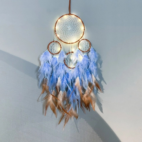 Acchiappasogni Bohémien con Piume Decorazione da Parete Con Luce LED Fatto a Mano Stile Indiano Ornamento per Casa Camera Soggiorno