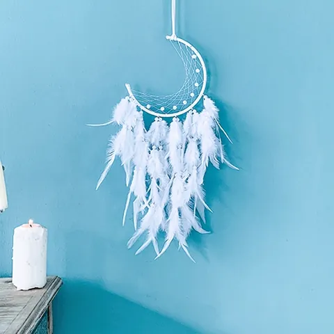 Acchiappasogni Bianco a Forma di Luna Decorazione da Parete Con Piume Perle Boho Fatto a Mano per Camera da Letto Casa