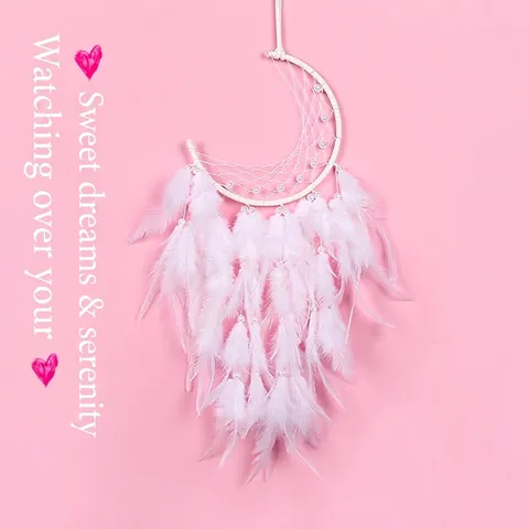 Acchiappasogni Bianco a Forma di Luna Decorazione da Parete Con Piume Perle Boho Fatto a Mano per Camera da Letto Casa