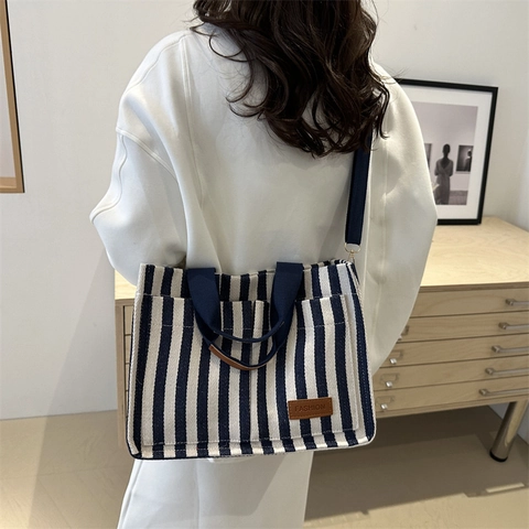 Fashion Striped Canvas Tote Bag For Women Large Handbag With Adjustable Shoulder Strap Daily Commuting Casual Square Bag