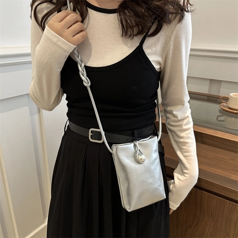 Women Mini Crossbody Phone Bag PU Leather Faux Artificial Pearl Buckle Braided Strap Minimalist Elegant Small Square Purse