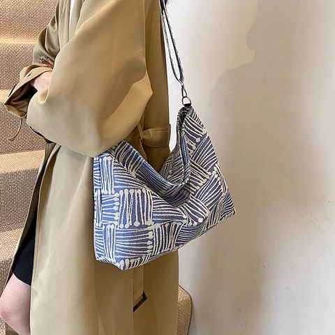 Damen Segeltuch Schultertasche Mit Großer Kapazität Retro Geometrisches Jacquard Muster Breiter Gurt Lässige Umhängetasche