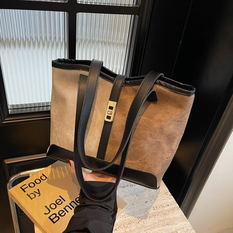 Borsa Tote Vintage in Tela e Pelle PU a Blocchi di Colore Grande Capacità Borsa a Tracolla Con Chiusura in Metallo Per Donna