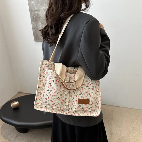 Women Fashion Floral Canvas Tote Bag Large Capacity Shoulder Handbag Casual Beach Shopping Bag Printed Fabric Purse
