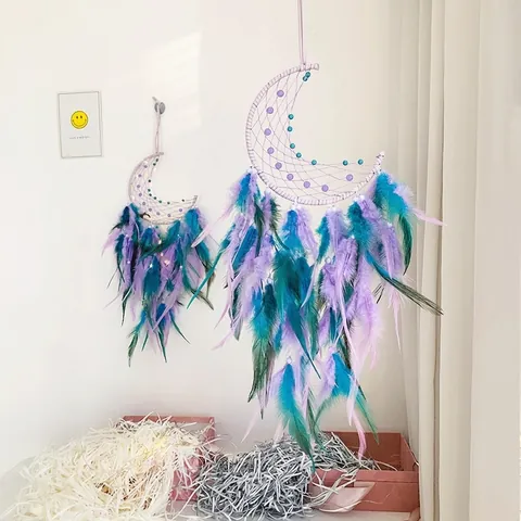 Mond Traumfänger Handgefertigte Böhmische Feder Wandbehang Deko Mit LED Licht Farbverlauf Perlen Für Schlafzimmer Haus