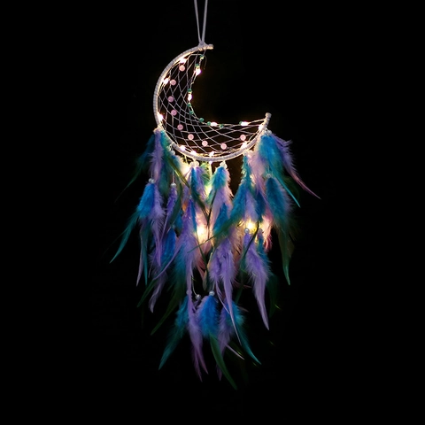 Mond Traumfänger Handgefertigte Böhmische Feder Wandbehang Deko Mit LED Licht Farbverlauf Perlen Für Schlafzimmer Haus