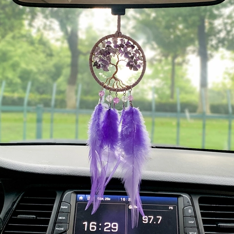 Attrape-Rêves Arbre De Vie Améthyste Violette Décoration Intérieure Voiture Fait Main Ornement Plume Bohémien Maison Cadeau