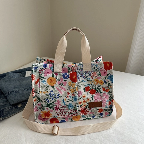 Women Fashion Floral Canvas Tote Bag Large Capacity Shoulder Handbag Casual Beach Shopping Bag Printed Fabric Purse