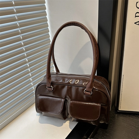 Glossy PU Leather Underarm Shoulder Bag Double Front Pockets Retro Solid Color Handbag For Women Fashion Versatile