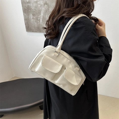Women Retro Glossy PU Leather Shoulder Bag Double Front Pocket Urban Minimalist Tote Handbag For Daily Commuting Office Lady