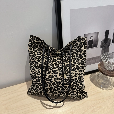 Leopard Muster Tote Bag Für Damen Große Kapazität Canvas Stoff Umhängetasche Mit PU Trägern Lässig Schick Handtasche