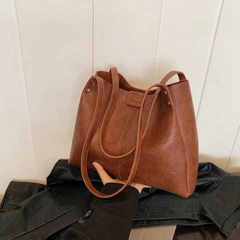Bolso Tote Retro de Gran Capacidad de Cuero PU para Mujer Bolso de Hombro Minimalista de Color Sólido para el Trabajo Diario