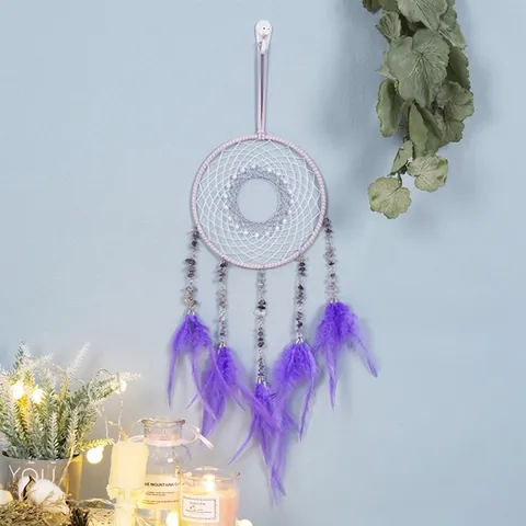 Acchiappasogni Viola Decorazione da Parete Con Piume Pietre Frantumate Fatto a Mano Ornamento Bohemien per Camera da Letto Finestra Regalo