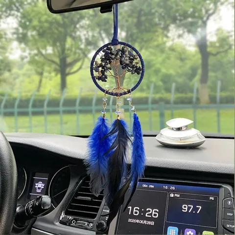 Albero della Vita Acchiappasogni Ornamento da Appendere per Auto Con Piume Blu Pietre di Cristallo Decorazioni Casa Regalo
