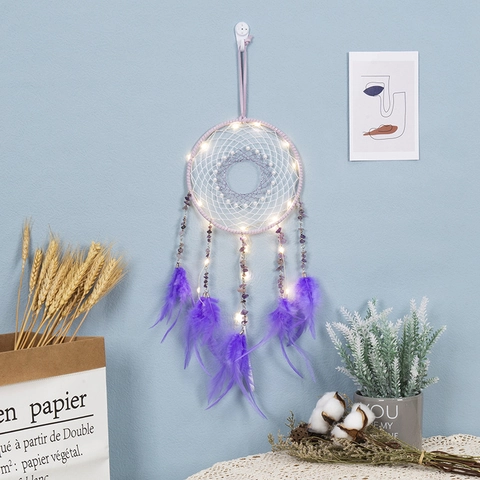Acchiappasogni Viola Decorazione da Parete Con Piume Pietre Frantumate Fatto a Mano Ornamento Bohemien per Camera da Letto Finestra Regalo