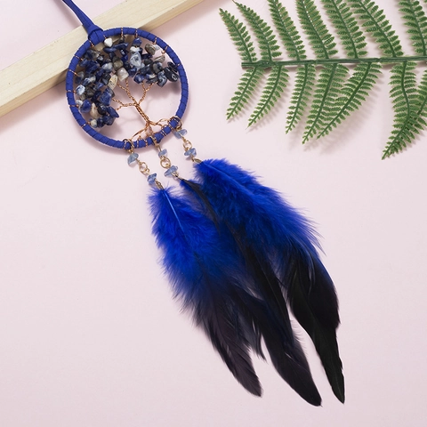 Albero della Vita Acchiappasogni Ornamento da Appendere per Auto Con Piume Blu Pietre di Cristallo Decorazioni Casa Regalo