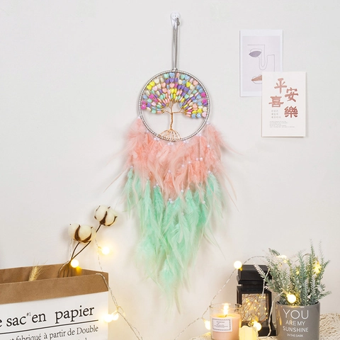Handmade Bohemian Life Tree Dream Catcher With Colorful Beads Feathers Pearls Wall Hanging For Home Bedroom Decor Gift