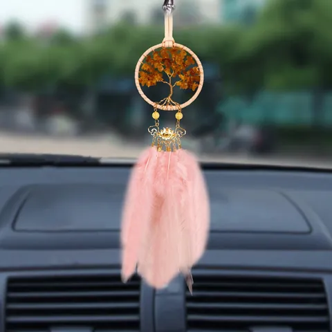 Albero Della Vita Acchiappasogni Ciondolo Auto Piume Rosa Cristalli Gialli Ciondolo Loto Dorato Boho Fatto A Mano Parete
