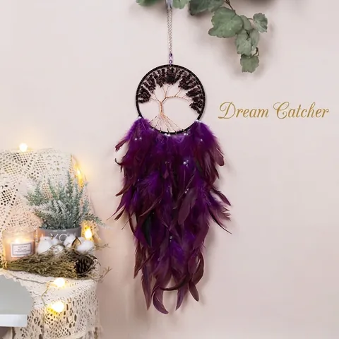 Tree Of Life Dream Catcher Purple Feathers Amethyst Stones Handmade Wall Hanging Bohemian Home Room Decoration