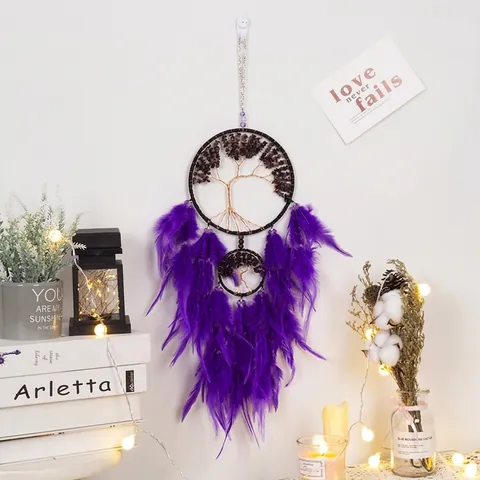 Acchiappasogni Albero Della Vita Viola Fatto A Mano Con Pietre Di Ametista E Piume Decorazione Da Parete Boemia Casa