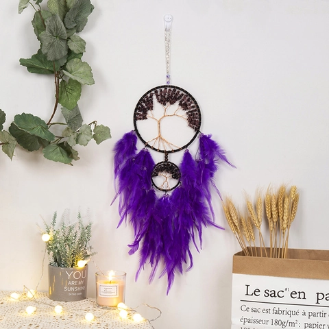 Acchiappasogni Albero Della Vita Viola Fatto A Mano Con Pietre Di Ametista E Piume Decorazione Da Parete Boemia Casa