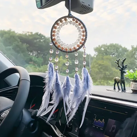 Attrape-Rêves en Plumes Bohème Fait Main Ornement Suspendu Voiture Tissage de Perles Décoration Murale Chanceuse pour Maison Bureau