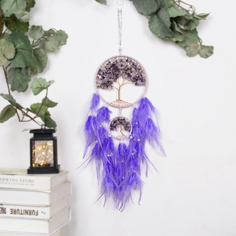 Nordic Amethyst Tree Of Life Dreamcatcher Purple Feather Wall Hanging Decoration Bohemian Handmade Home Wedding Ornament Gift