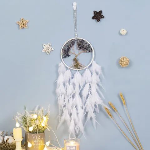 Acchiappasogni Albero Della Vita Con Piume Bianche Schegge Di Pietra Viola Ciondolo Cervo Oro Fatto A Mano Decorazione Murale