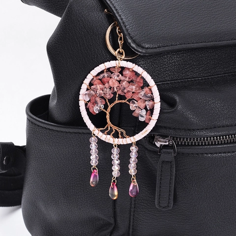 Handmade Tree of Life Keychain Pink Crushed Stone Dreamcatcher Bag Charm Copper Wire Woven Pendant For Women Girls Gift