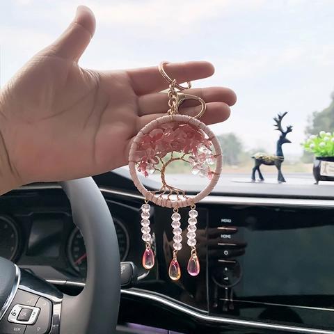 Handmade Tree of Life Keychain Pink Crushed Stone Dreamcatcher Bag Charm Copper Wire Woven Pendant For Women Girls Gift