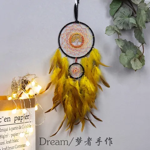 Atrapasueños Árbol De La Vida Plumas Amarillas Cuentas De Cristal Hecho A Mano Bohemio Adorno Colgante Decoración Hogar Regalo