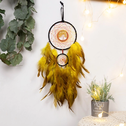 Atrapasueños Árbol De La Vida Plumas Amarillas Cuentas De Cristal Hecho A Mano Bohemio Adorno Colgante Decoración Hogar Regalo