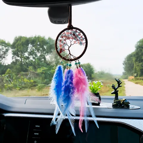 Handmade Tree Of Life Dream Catcher Car Hanging Ornament Pink Blue Feather Natural Stone Rearview Mirror Decor Boho Gift