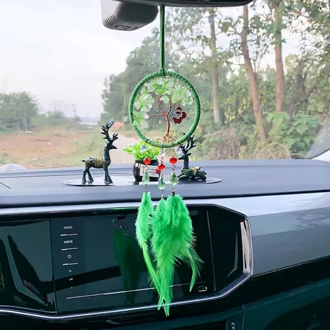 Handmade Tree Of Life Christmas Dreamcatcher Hanging Ornament Green Stones Feathers Santa Claus Charm Car Interior Decor