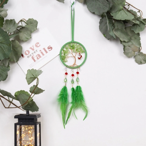 Handmade Tree Of Life Christmas Dreamcatcher Hanging Ornament Green Stones Feathers Santa Claus Charm Car Interior Decor
