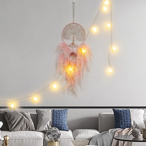 Lebensbaum Traumfänger Rosa Federn Kristallsteine Handgefertigt Wandbehang Ornament Für Schlafzimmer Dekoration