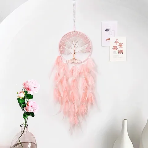 Pink Tree Of Life Dreamcatcher With Feather Beads Handmade Wall Hanging Ornament For Bedroom Living Room Bohemian Decor