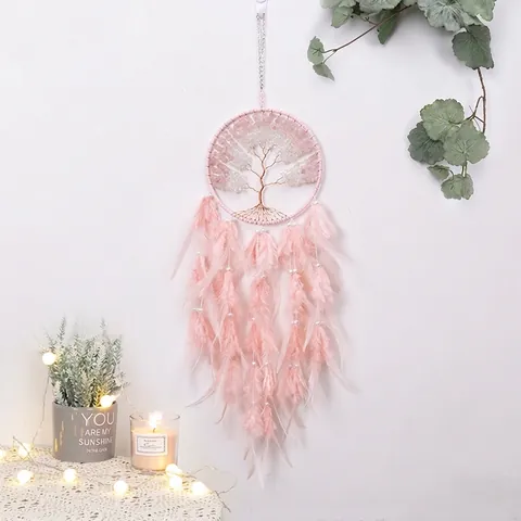 Pink Tree Of Life Dreamcatcher With Feather Beads Handmade Wall Hanging Ornament For Bedroom Living Room Bohemian Decor